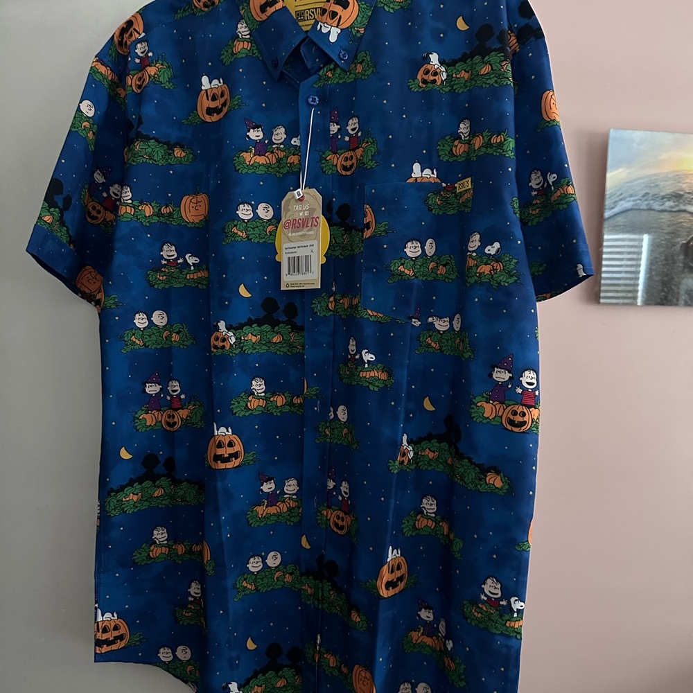 RSVLTS Blue and Orange Casual Button Down Shirt with The Great Pumpkin Snoopy XL